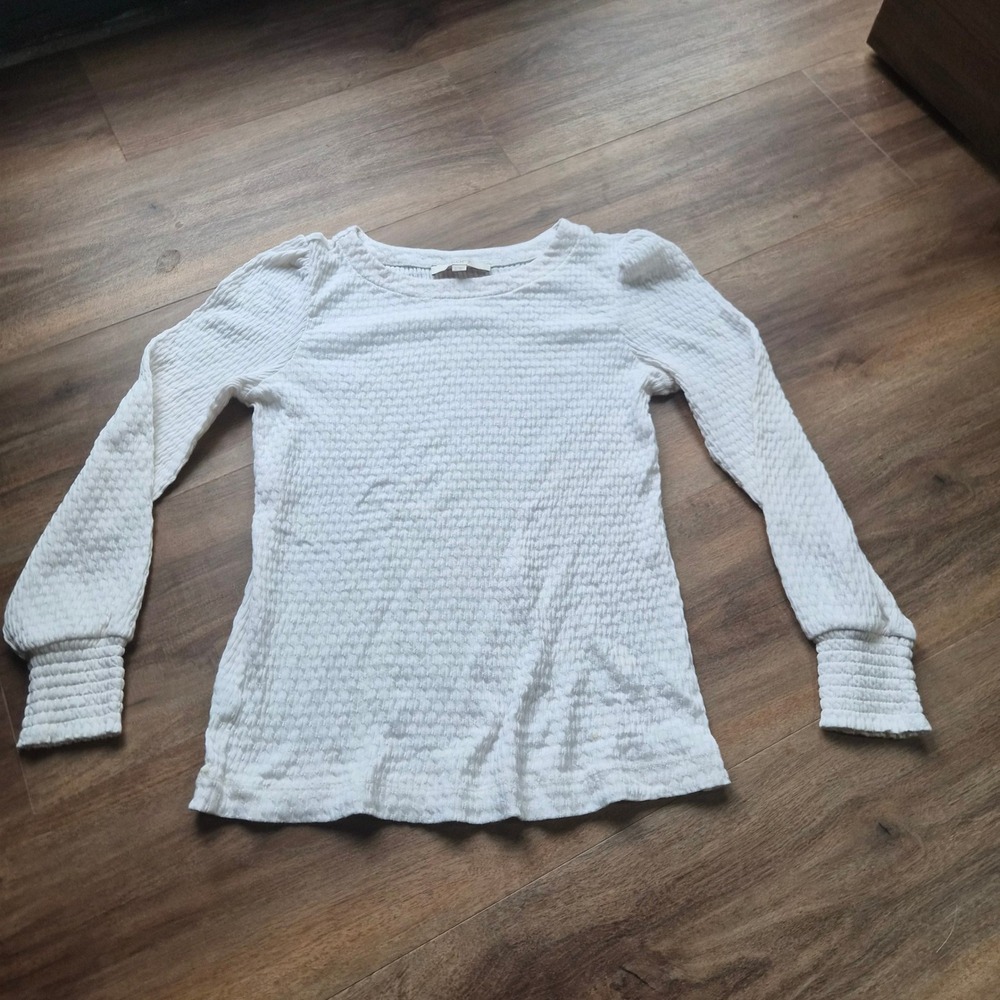 Loft Womens White Textured Knit Puff Sleeve Smocked Cuff Top Small Coquette Boho